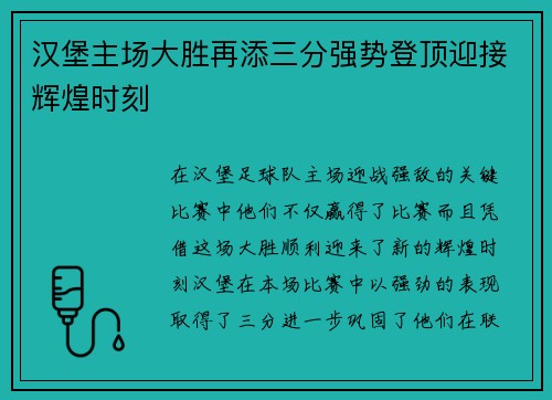汉堡主场大胜再添三分强势登顶迎接辉煌时刻
