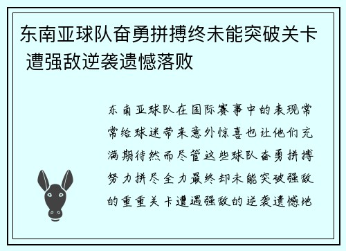 东南亚球队奋勇拼搏终未能突破关卡 遭强敌逆袭遗憾落败