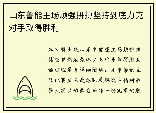 山东鲁能主场顽强拼搏坚持到底力克对手取得胜利