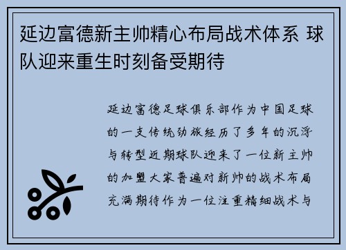 延边富德新主帅精心布局战术体系 球队迎来重生时刻备受期待