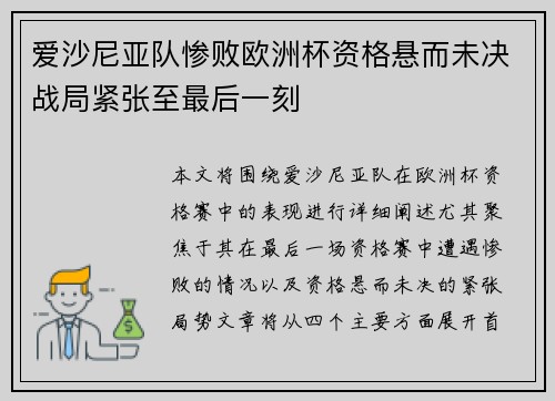 爱沙尼亚队惨败欧洲杯资格悬而未决战局紧张至最后一刻