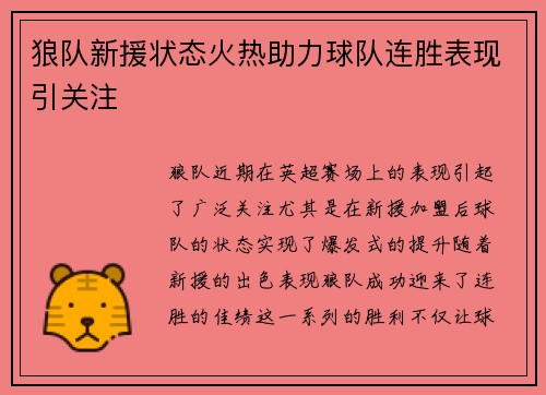 狼队新援状态火热助力球队连胜表现引关注
