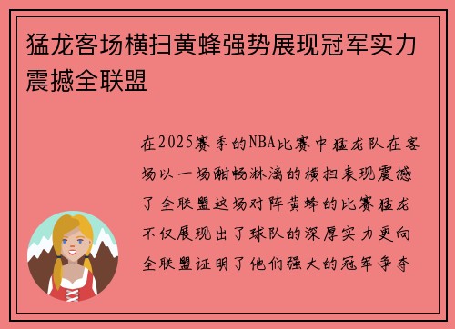 猛龙客场横扫黄蜂强势展现冠军实力震撼全联盟