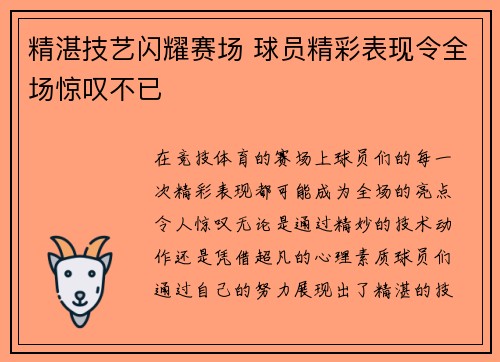 精湛技艺闪耀赛场 球员精彩表现令全场惊叹不已